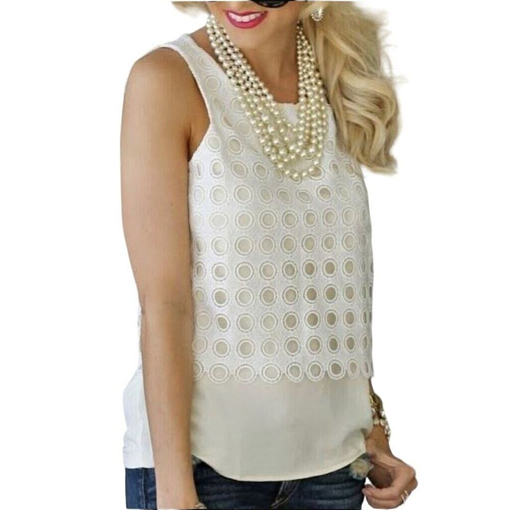 Ann Taylor Eyelet Embroidered Sleeveless Blouse Lined Side Zip XS Petite Ivory